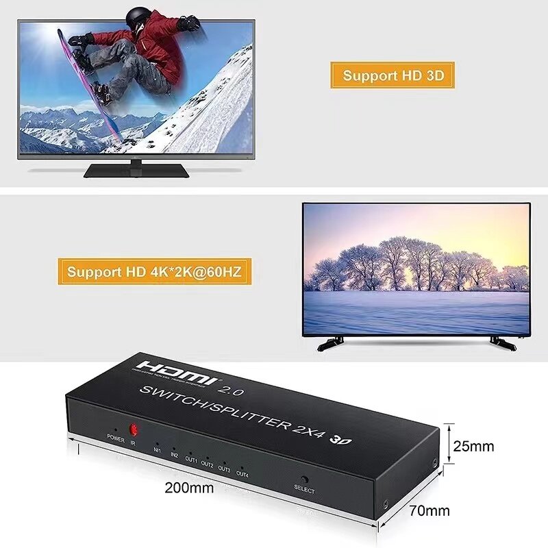 Divisor de interruptor 2,0 compatible con HDMI, convertidor de vídeo 3D para PS3, PS4, PS5, DVD, portátil, PC a 2, 3, 4, Monitor de TV, 1x2, 1x4, 2x4, 4K, 60hz