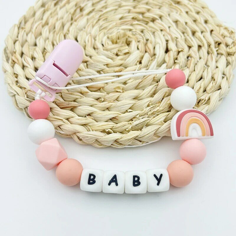Chupete con nombre personalizado para bebé, cadena con cuentas de silicona de arcoíris, accesorios para morder, soporte para chupete