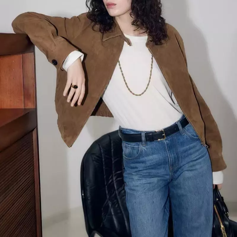 Klassische Damen Wildleder jacke braun echtes Schaffell einreihiger Vintage Langarm Parka Chic Outwear Mantel