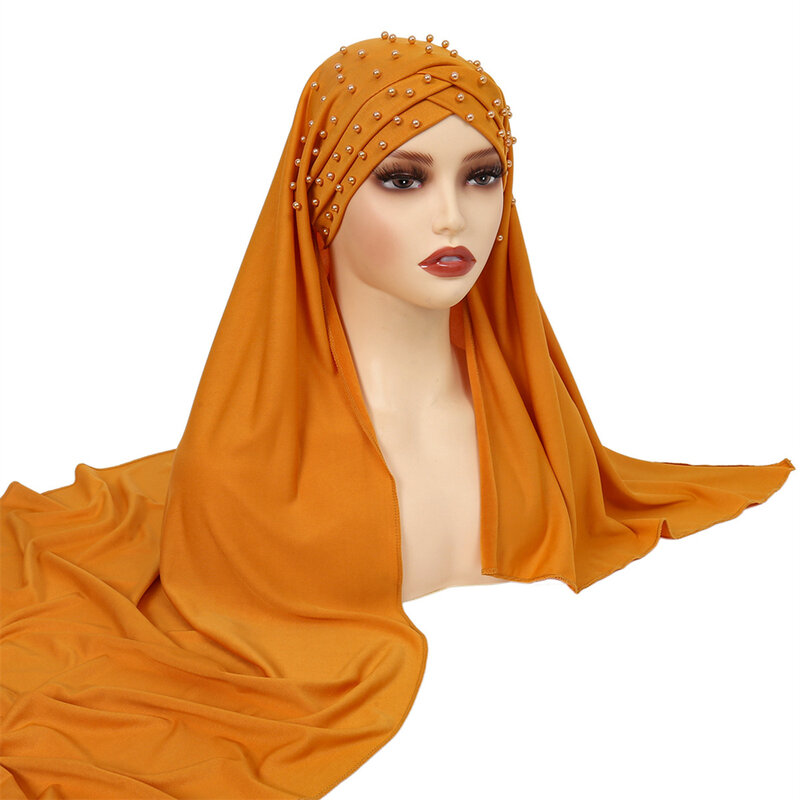 Instant Hijabs Beads Scarf with Cross Jersey Caps Bonnet Tie Back Muslim Fashion Women Veil Scarf Hijab with Cap Attached Shawls