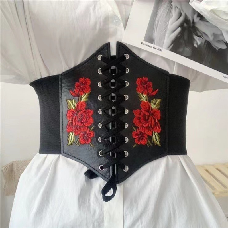 女性のためのエレガントなゴシックスタイルのベルト,花柄の刺繍が施されたフェミニンなベルト,ヴィンテージスタイル,幅の広いベルト