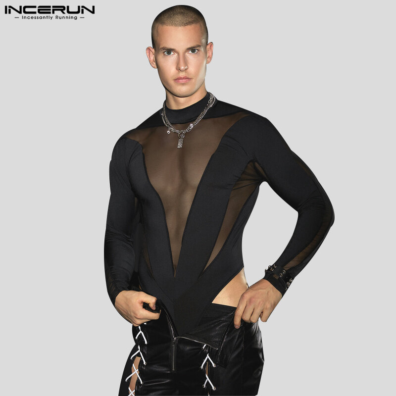 2023 Men Bodysuits Mesh Patchwork Transparent Turtleneck Long Sleeve Rompers Male T Shirt Streetwear Fashion Bodysuit INCERUN