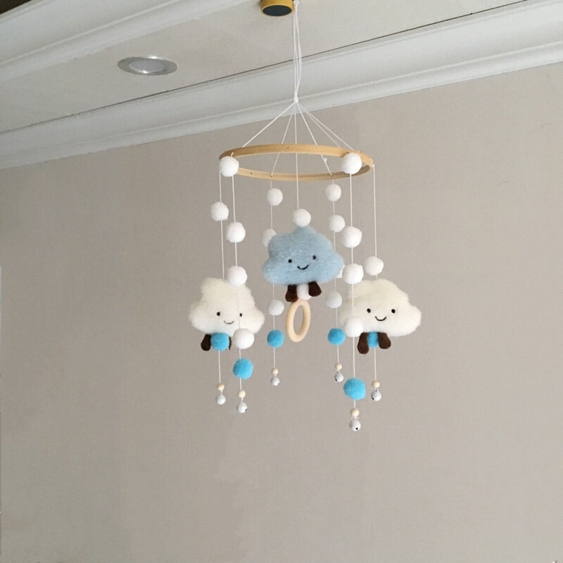 Desenhos animados do bebê Plush Nuvem Cama Chocalho, Berço recém-nascido, chocalhos móveis, bolas de lã, contas, Rotating Bell, Wind Chime, Decoração do berçário