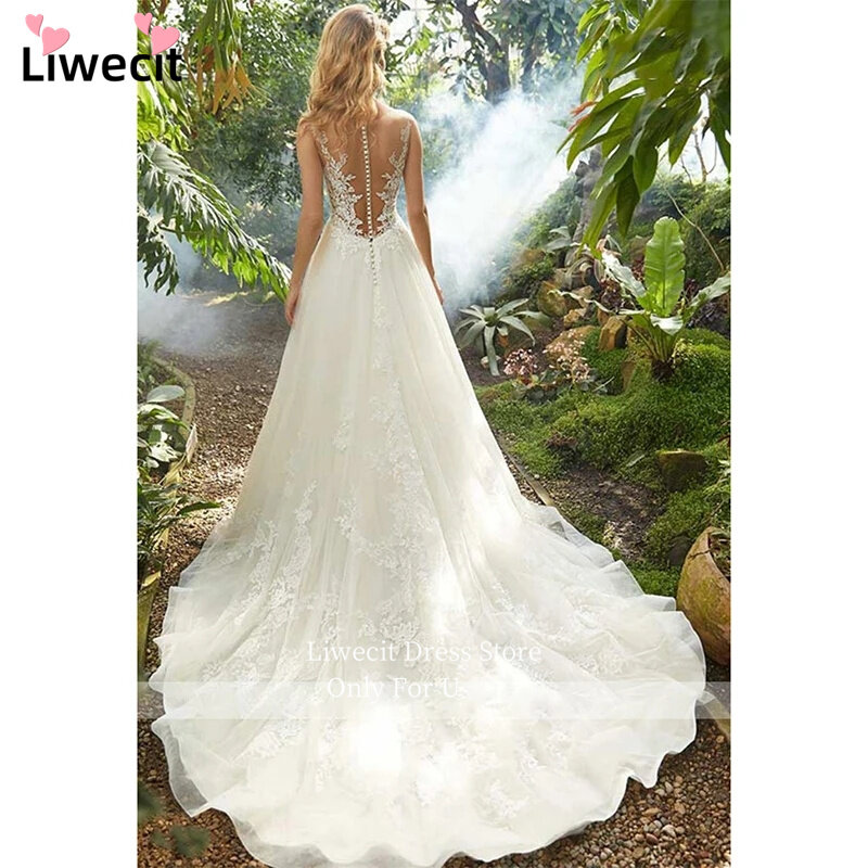 Liwecit-فستان الزفاف مع يزين رائعة ، تول فساتين الزفاف على شكل حرف A ، العنق مغرفة ، أزرار ثوب العروس ، بلا أكمام
