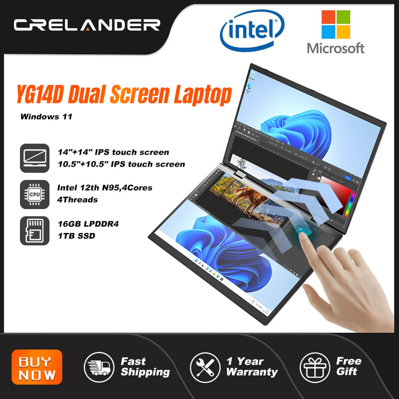 Crelander dual sceen แล็ปท็อป14 + 14นิ้ว2K ทัชสกรีนโน้ตบุ๊ค Intel N95 CPU 360องศาพับได้กล่องโลหะคอมพิวเตอร์แล็ปท็อป2 in 1