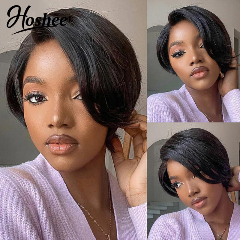 Straight Short Bob Pixie Cut Black Colored 13x4x0.5 HD Lace Front Human Hair Wig Brazilian Preplucked Frontal Wigs  On Sale