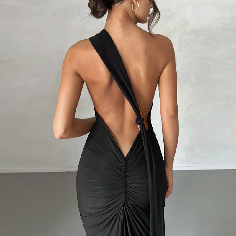 Женское элегантное строгое вечернее платье, однотонное черное, белое Плиссированное длинное платье макси без рукавов с открытой спиной для официальных мероприятий