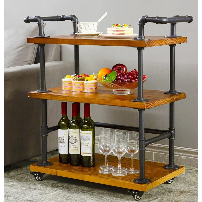 Carts/Kitchen Carts/ Wheels with Storage - Industrial Rolling Carts - Wine Tea /Holder - Solid Wood and Metal Home Furniture