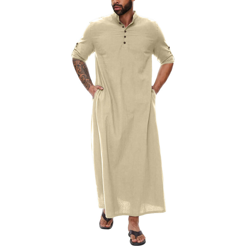 2024 neue Herren mittleren arabischen Stil einfache lange Herren Knopf muslimische Robe Langarm Robe Seite Schlitz Robe Knopf Tasche Robe
