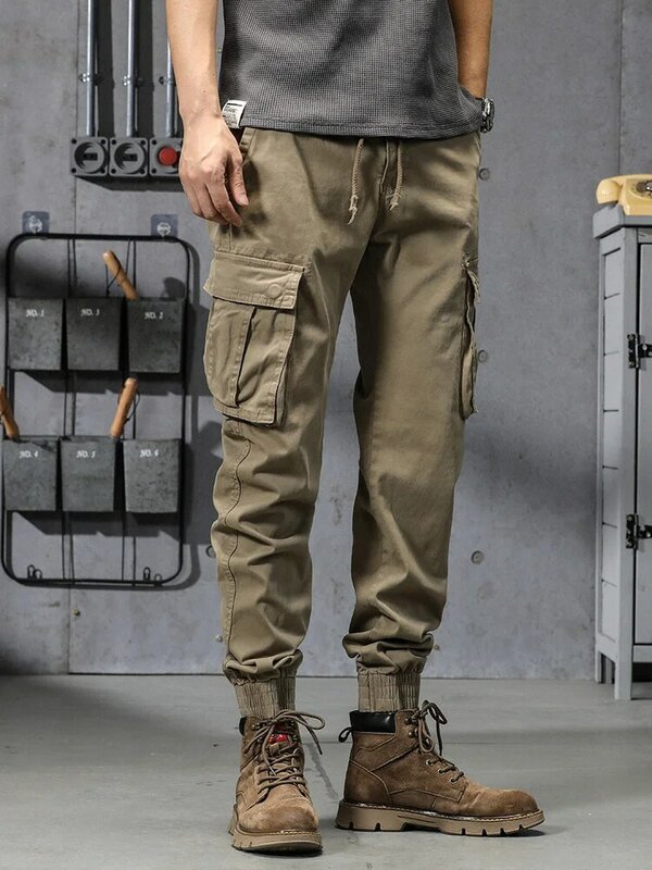 Spring Summer Men's Cotton Cargo Pants Multi-Pockets Army Military Slim Fit Joggers Workwear Casual Cotton Tactical Trousers