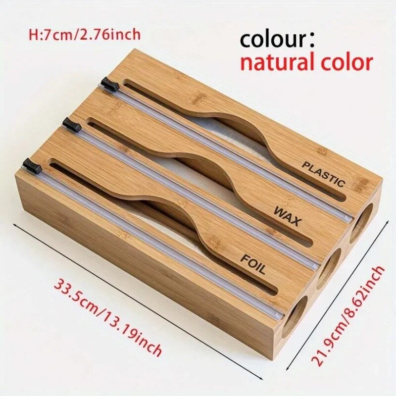 New 3 in 1 Bamboo Wrap Organizer with Cutter and Labels Plastic Wrap Aluminum Foil and Wax Dispenser for Kitchen Storage