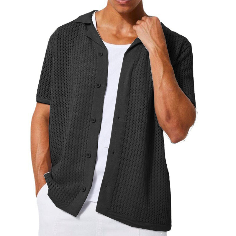 Mens Fashion Knitted Cardigan Summer Cool Hollow out Top Short Sleeve Shirt Lapel Button Loose Men's Knit Tshirt
