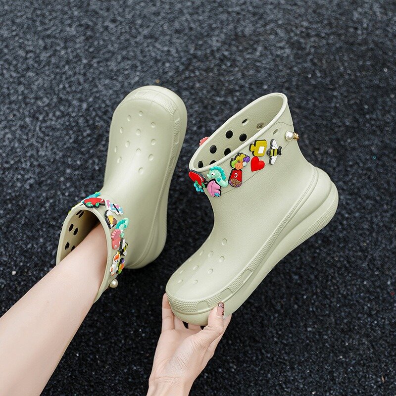 Botas de chuva coringa coreanas para senhoras, sapato de sola grossa EVA, antiderrapante para chuva, fofo, moda, novo, verão