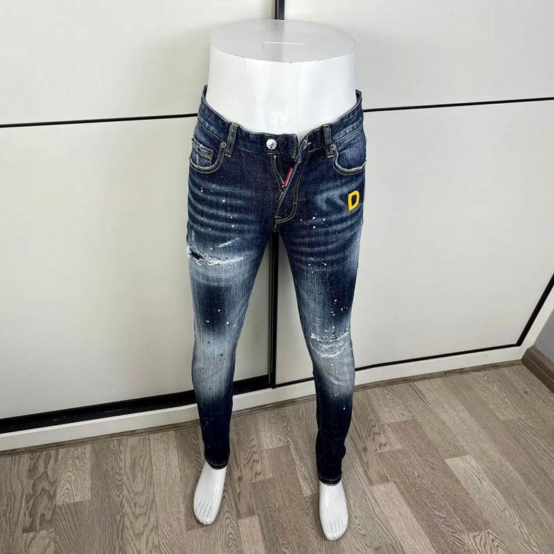 Masculino Retro Azul Bordado Elástico Slim Fit Jeans Rasgado, Calças Moda Rua, Marca Designer, Hip Hop, Alta Qualidade, Patch