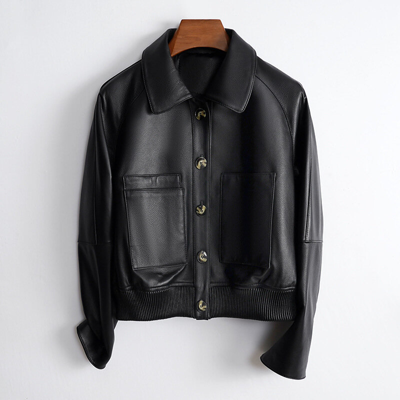 Giacca in vera pelle per l'autunno 2023, nuova giacca elegante francese in pelle di pecora, giacca corta piccola con motivo litchi artistico
