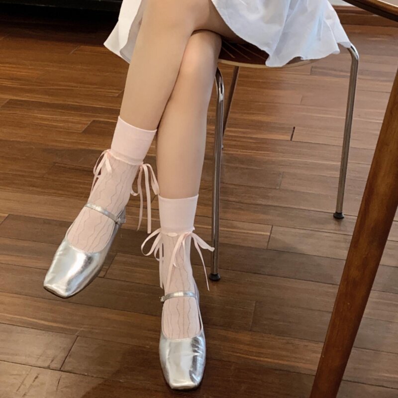 Vintage Hollow-Out Mesh See-Through Ankle Sock Tie Bowknot Socks for Women
