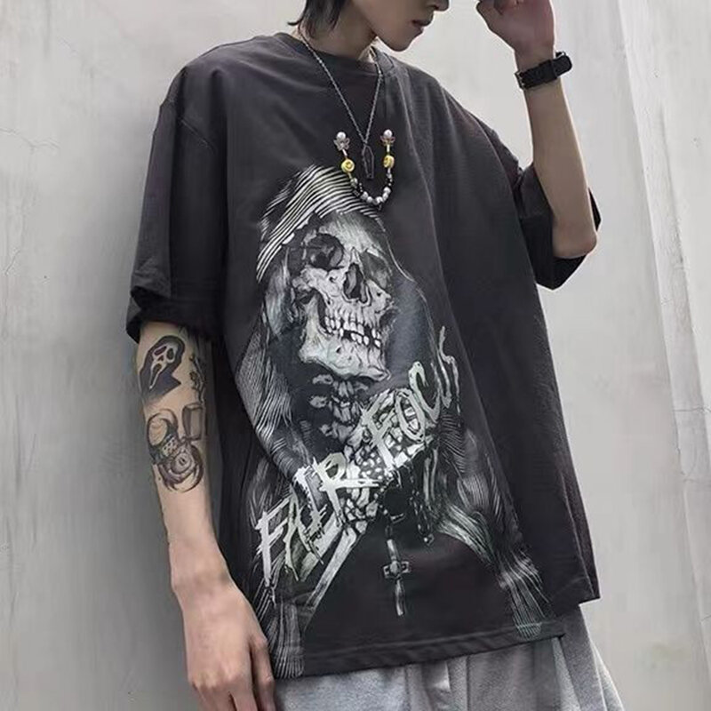 American Street Y2K Horror Vento Reaper Crânio Imprimir Homens Verão Clássico T-Shirt Casual O-pescoço Manga Curta Moda Top Solto