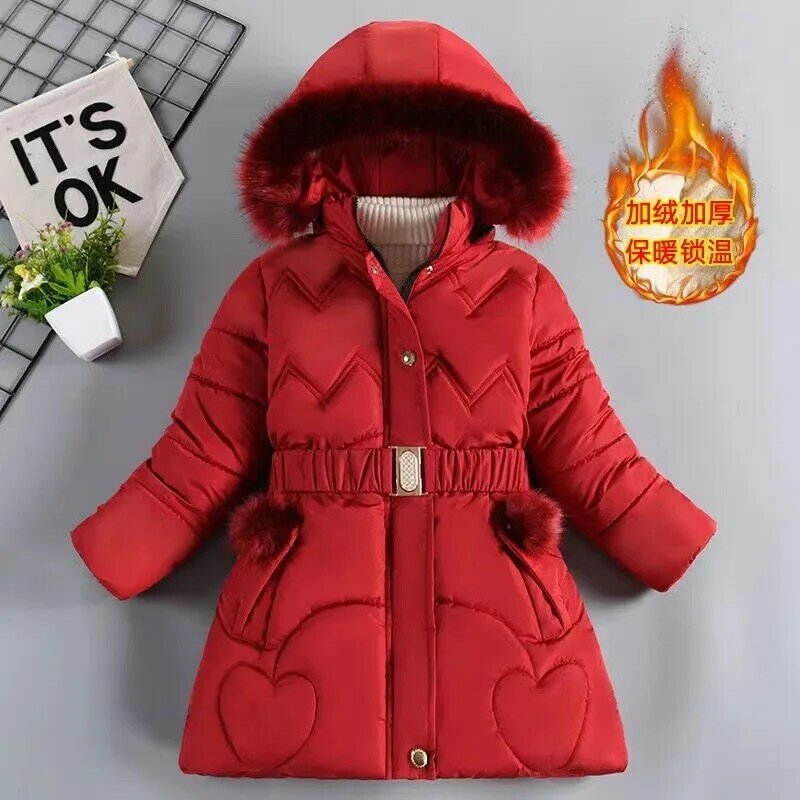 3 4 5 6 8 10 Years Winter Girls Coat Warm Thicken Kids Jacket Hooded Zipper Fur Collar Princess Outerwear Children Clothing 2794