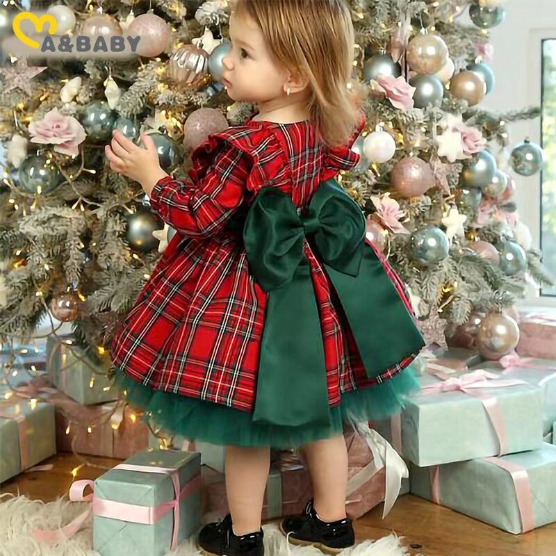 Pakaian Natal Bayi Perempuan Balita Kecil Gaun Lengan Panjang Kotak-kotak Merah Gaun Rok Tutu Pita Tulle Putri Baju Natal