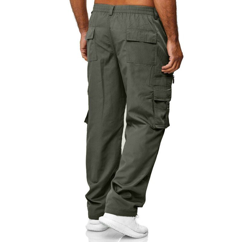 Celana panjang longgar pria, celana olahraga Fitness kaki lurus overall pantai saku sederhana warna Solid kasual