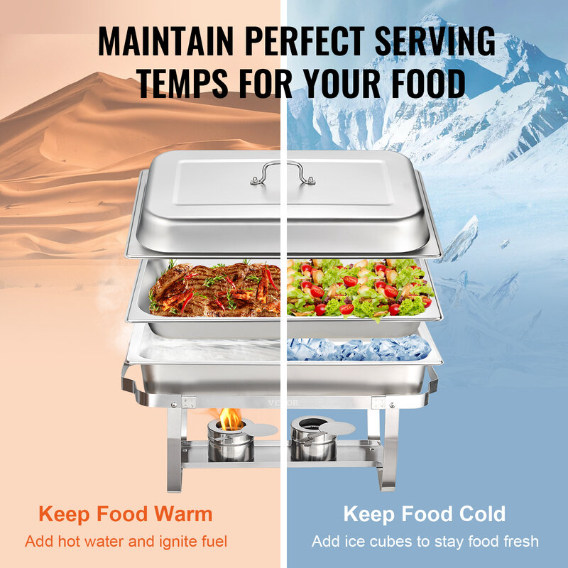 VEVOR 8QT Rectangle Chafing Dish 2/4/6 Packs w/ Full Size Pans Buffet Catering Warmer Server Folding Stand Fuel Holder Tray