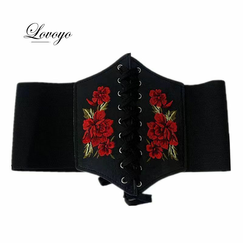 Espartilho bordado flor gótica feminino, PU Cummerbunds, faixa de cintura emagrecedora feminina, cinto largo preto vintage para menina, moda