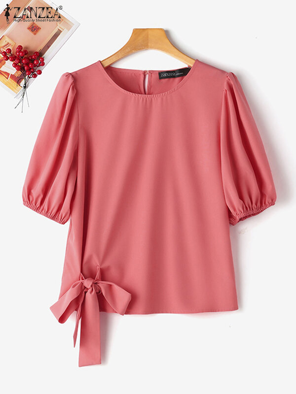 Коллекция 2024 года, модная летняя блузка ZANZEA, женские элегантные офисные топы, Повседневная однотонная офисная рубашка, женские блузки на шнуровке с коротким рукавом