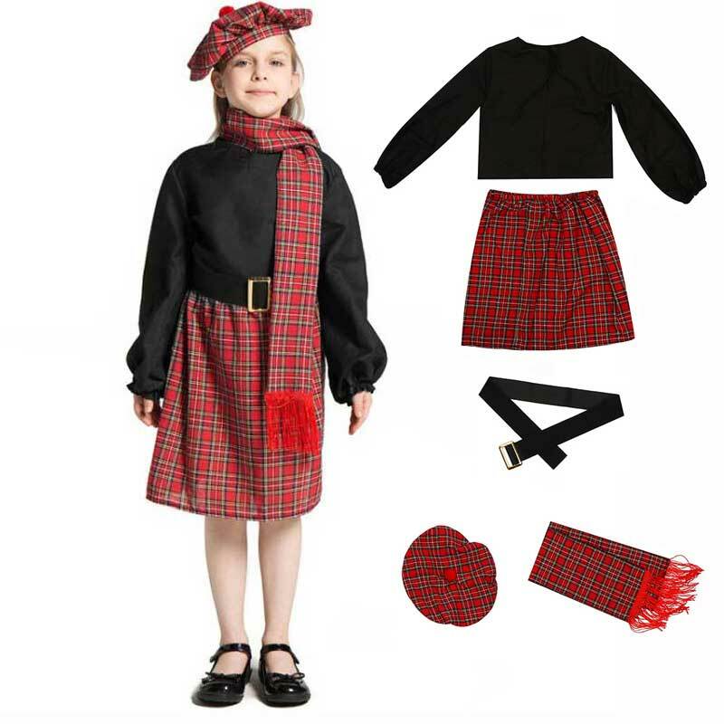 Kids Scotland Dress Halloween Costume For Girls Boys Scots Kilt Carnival Party Cosplay Festival Plaid Skirt Hat Scarf