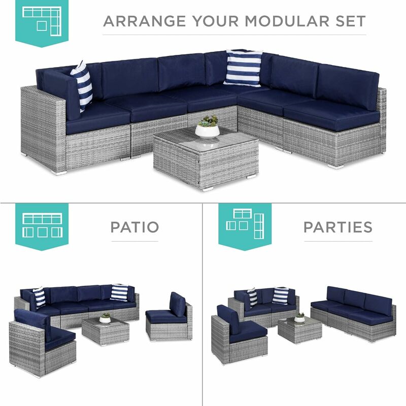 7-Piece Modular Outdoor Sectional Wicker Patio Conversation Set w/ 2 Pillows, Coffee Table, Cover Included