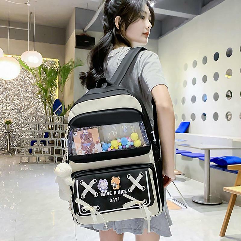 Эстетический рюкзак в комплекте с булавками и плюшевыми подвесками Эстетическая Водонепроницаемая школьная сумка в комплекте 5 шт. рюкзак для школы