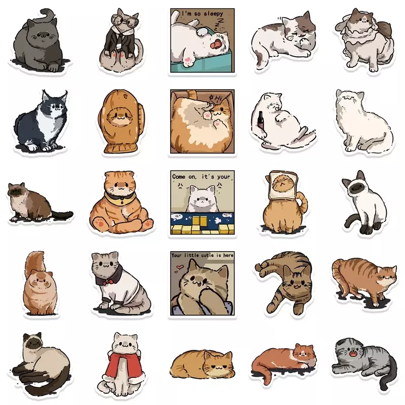 50 buah kartun kucing lucu stiker tahan air Kawaii kucing Decals untuk botol air Laptop Skateboard Scrapbook bagasi mainan anak-anak