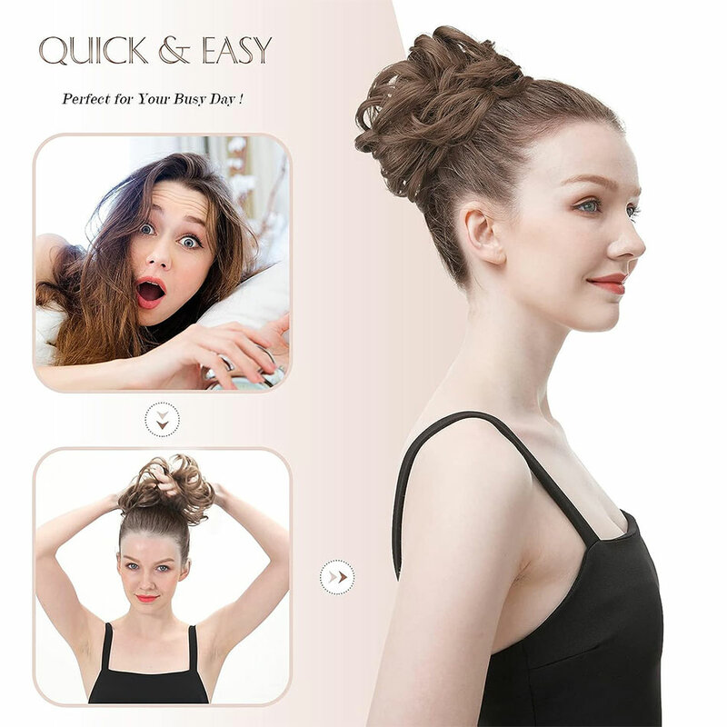 PLADIO 100% Human Hair Bun Extensions Messy Chignon With Tassels Ponytail Hair Extensions Wave Natural Brown Hair Bun For Women