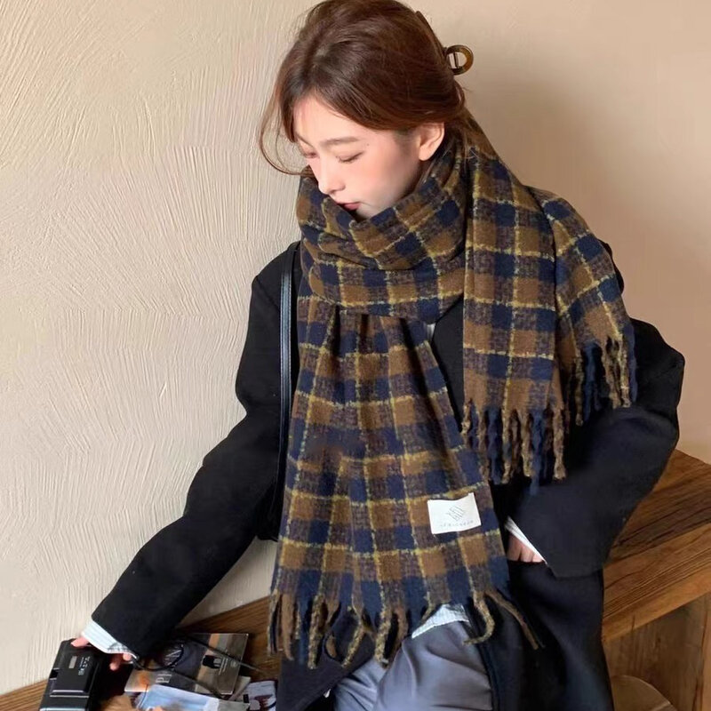 Winter Warm Scarf Vintage Korean CashmereScarf Thicken Tassel Shawl  Neck Warmer Plaid Long Neck Adult girl Gift Accessories