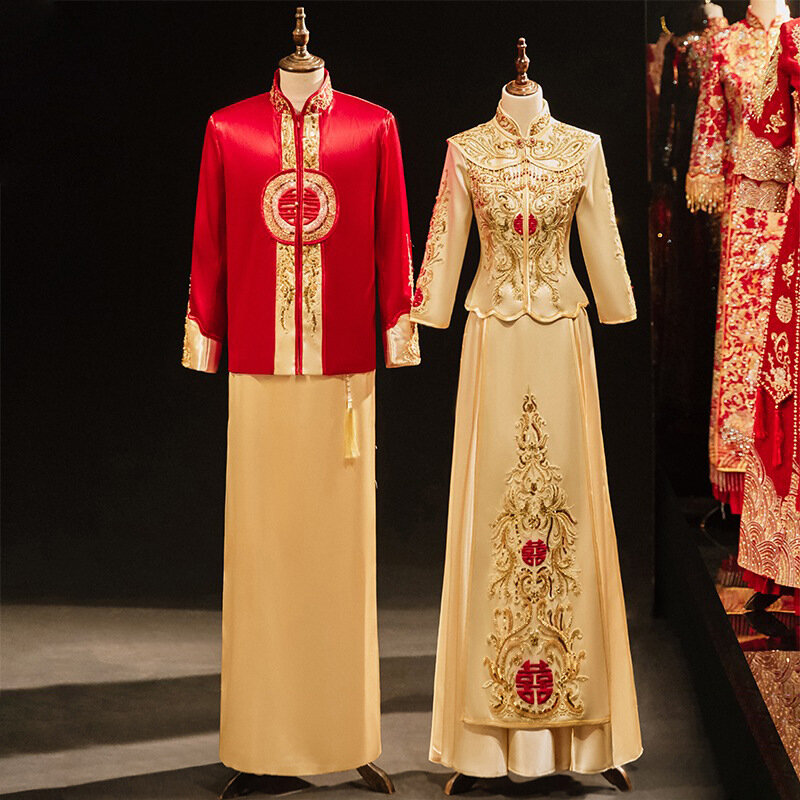 Xiuhe pakaian pengantin gaun pernikahan kuno Tiongkok, set kostum Hanfu Cheongsam bordir naga tradisional