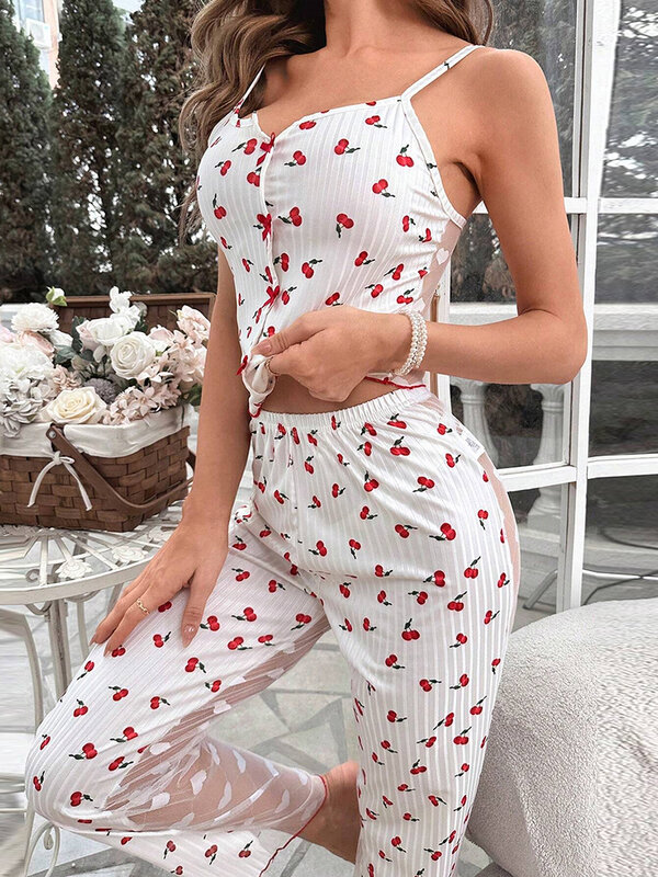 Edhomenn Women s 2 Pieces Sheer Mesh Loungewear Sets Heart Print Cami Tops and Elastic Waist Pants Y2K Sleepwear