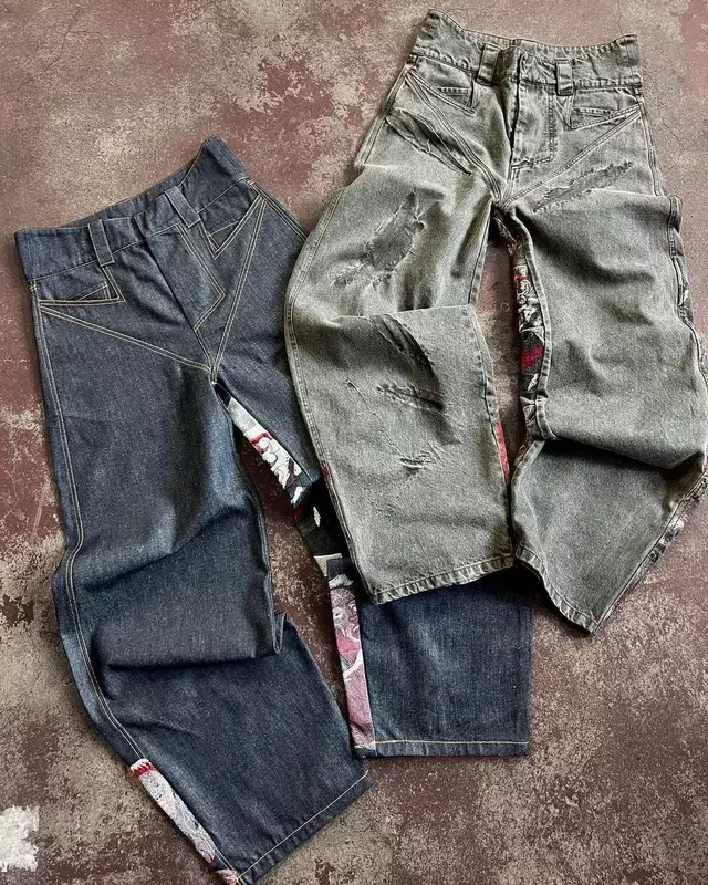Styl Retro Hip Hop Punk do haftu z nadrukiem workowate dżinsy Y2k jeansy męskie ciężkie rzemiosło szerokie nogawki spodnie Goth porwane jeansy gorące