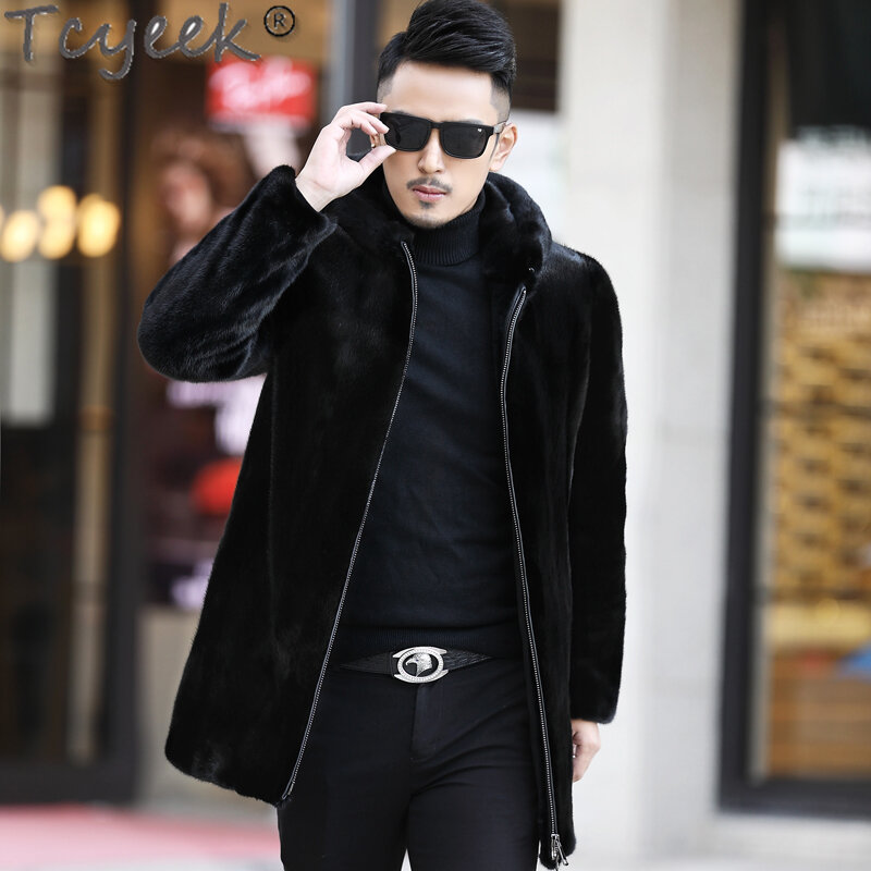 Tcyeek jaket bulu cerpelai alami untuk pria, pakaian bertudung mantel bulu asli jaket musim dingin kualitas tinggi seluruh cerpelai mantel pria 2023