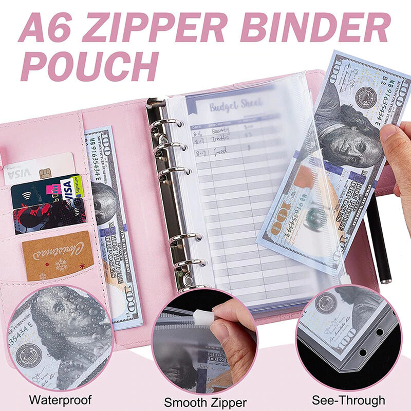 A6 Budget Binder Notebook, Organizador de dinheiro, Planejador de dinheiro, 8 Envelopes Zipper, 2 adesivos em 1, Saving Wallet