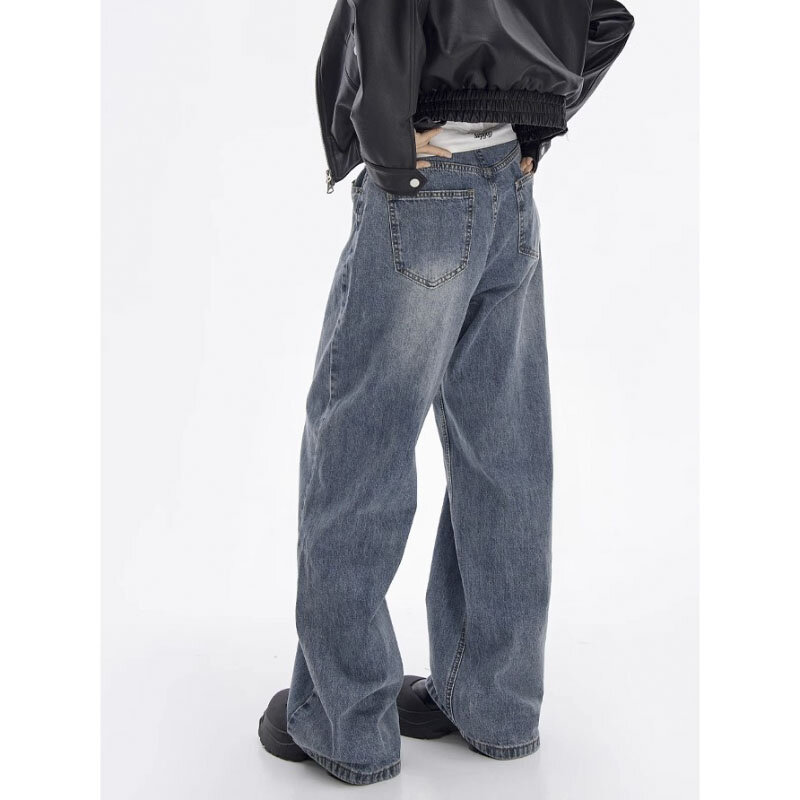 Pantalones vaqueros de cintura abatible para mujer, moda urbana coreana, diseño azul, sentido, Vintage, alta calidad, Chic, otoño
