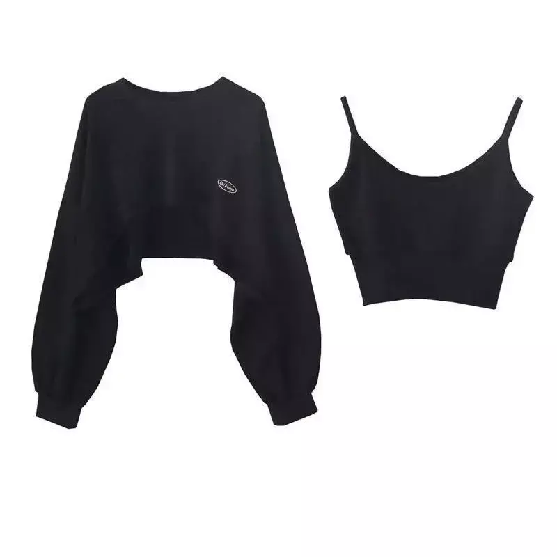 Damesmode Asymmetrische Cropped Camis Sweatshirt 2-delige Casual Dames Pullovers Met Lange Mouwen Chique Tops
