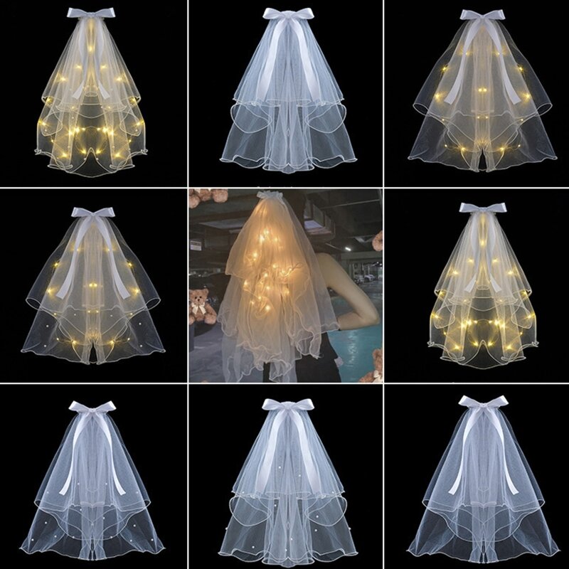 LED Multi-Layer Véu De Casamento E Capacete, Véu De Capela Nupcial, Light Up Veil