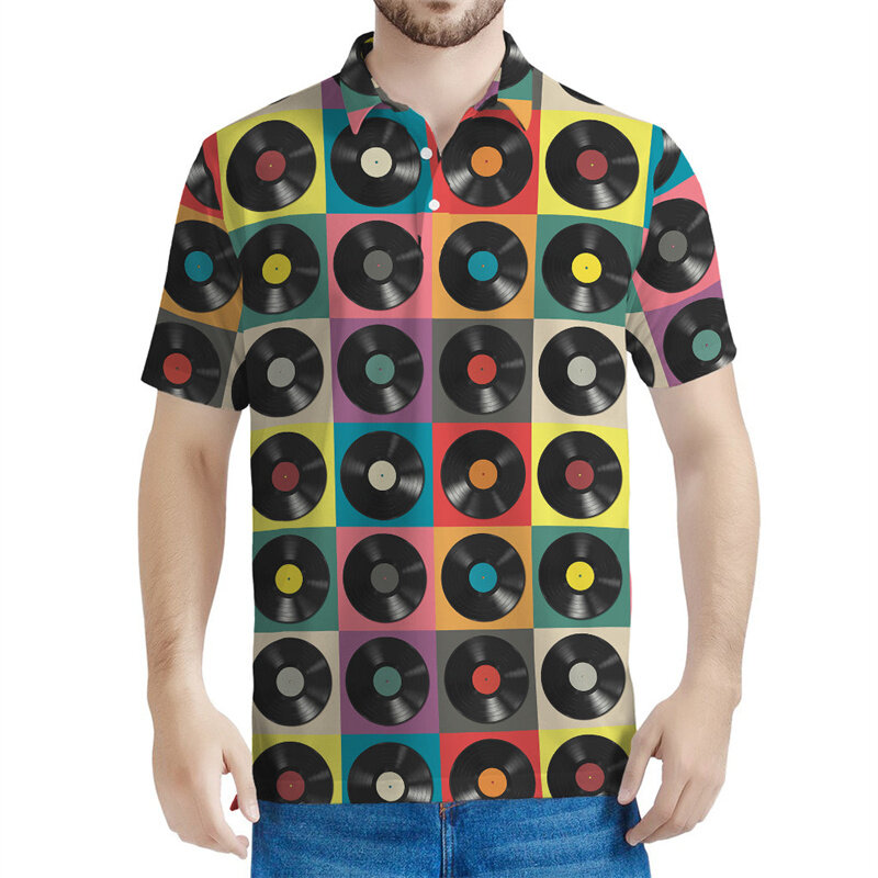 Polo con gráfico de cinta Retro para hombre, Camiseta con estampado 3d de discos de música, camisetas de gran tamaño de verano, camisetas informales de manga corta con botones