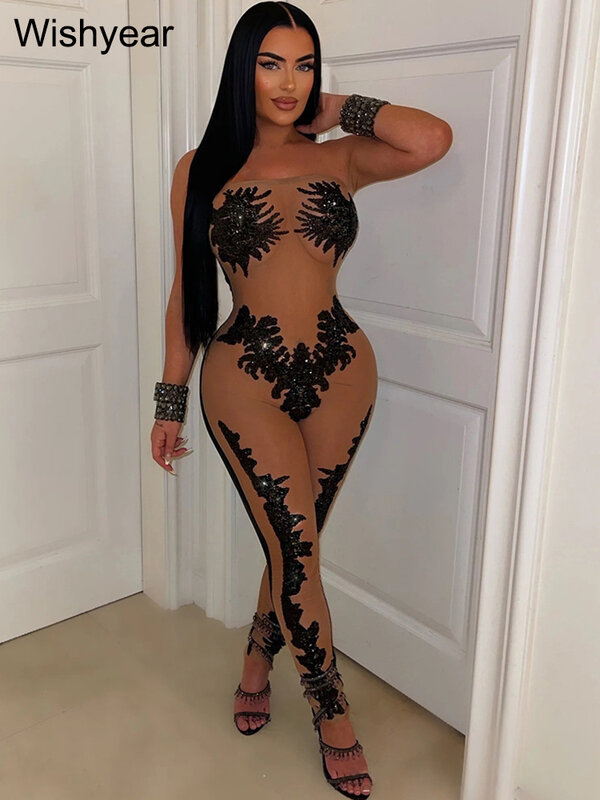Elegant Bodycon Jumpsuit Playsuit Sequin Mesh See Through Patchwork  One Piece Suits Birthday Women Summer Night Club Outfits