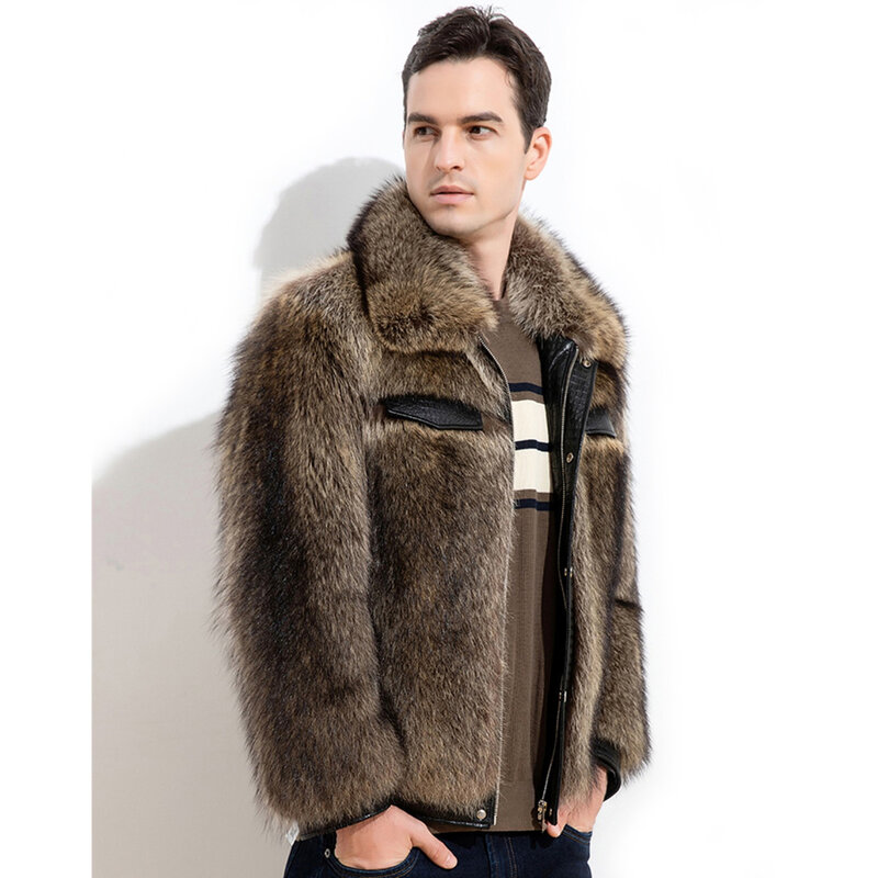 Luhayesa 2022 homens de luxo guaxinim pele do cão casaco inverno casacos de pele real casual moda masculina roupas de pele macia