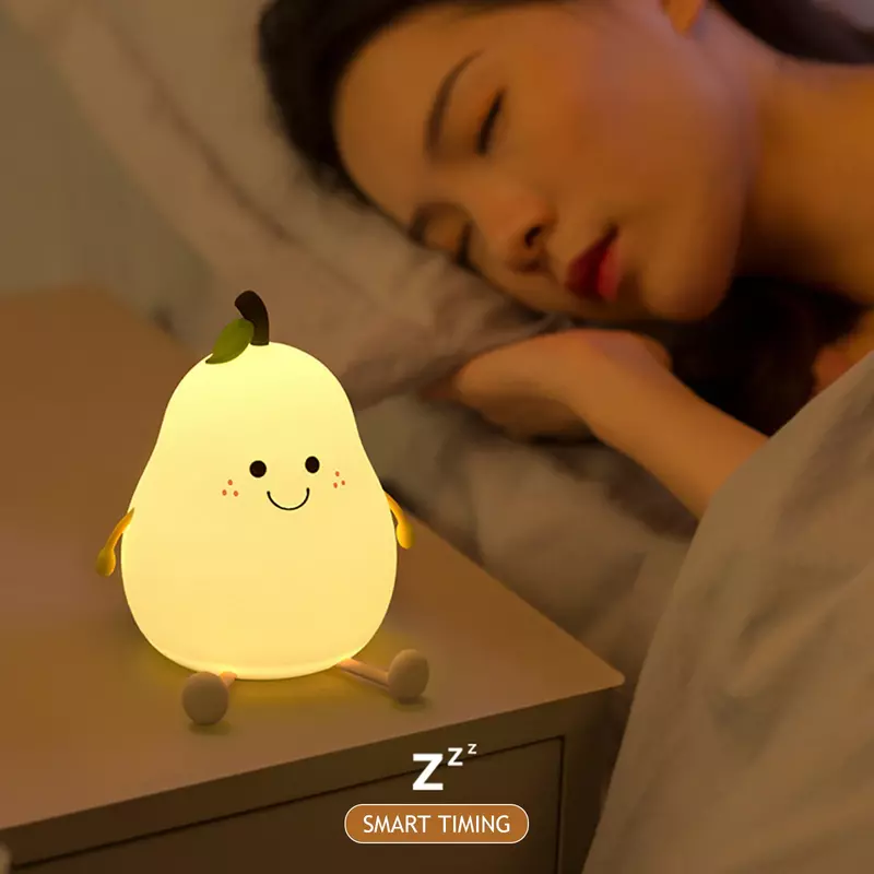 LED Night Light Pear Table Lamp Rechargeable Colorful Dimming Touch Silicone Cute Companion Sleep Decoration Kid Gift