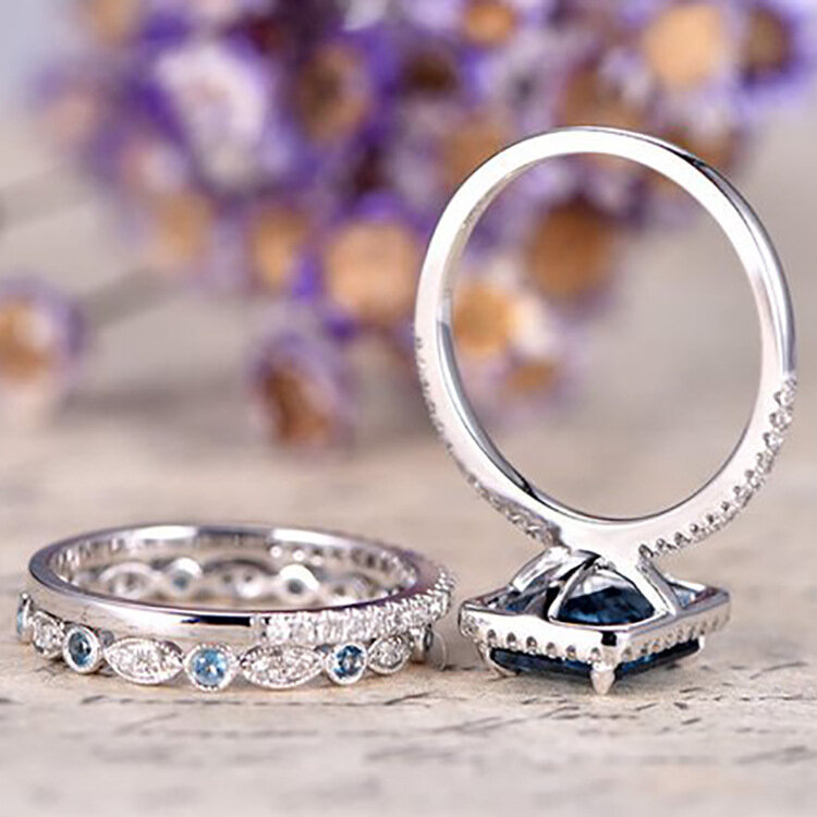 Morski niebieski pierścionek zaręczynowy z cyrkonią