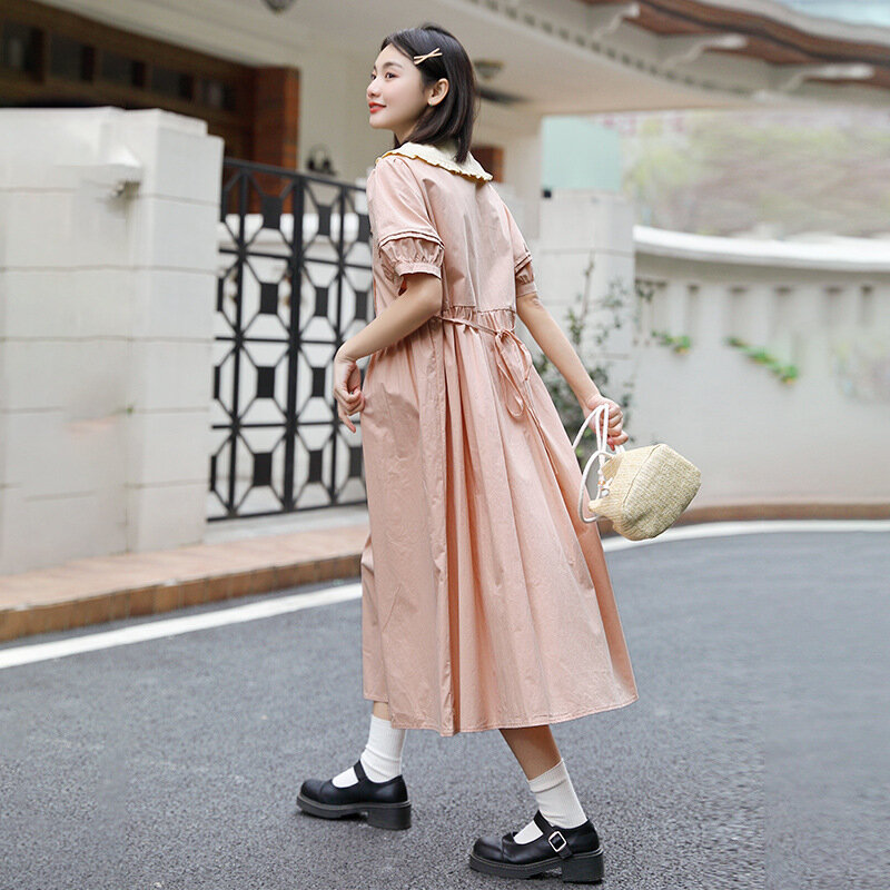 Mori Girl-vestido largo plisado de manga corta para mujer, vestido holgado de estilo Vintage con cuello de muñeca, rosa, 2024