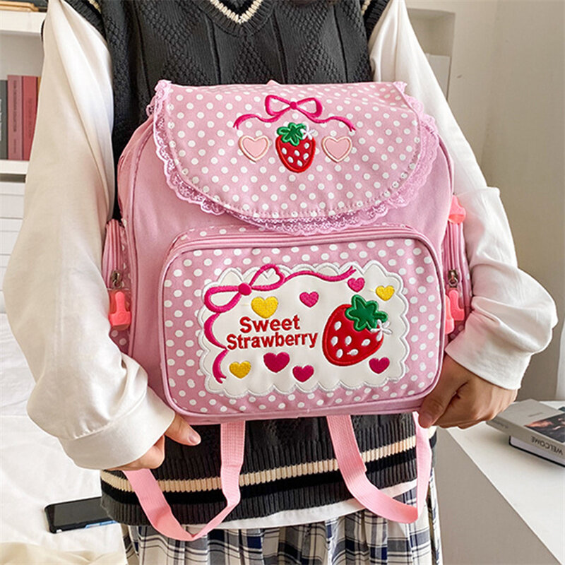 Bolsa de escola Kawaii Strawberry Embroidery para crianças, moda multi-bolso, Mochila Dots, estudantes universitários, adolescente
