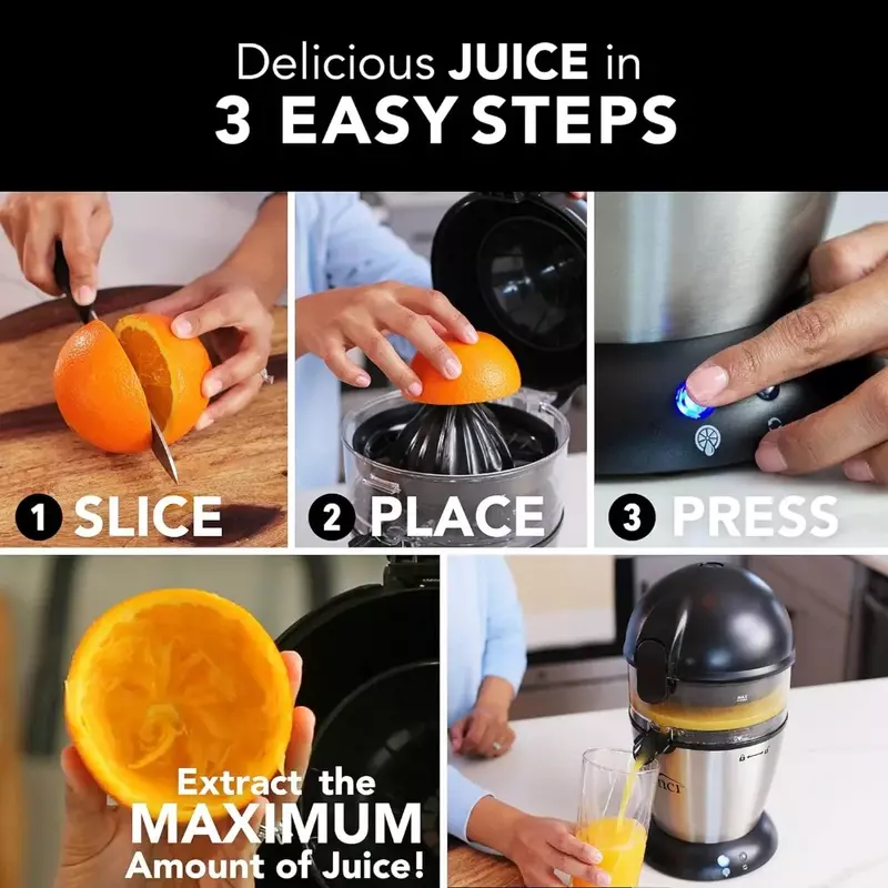 Espremedor de citrinos elétrico mãos livres, prensa fácil com 1 botão, limão, limão, laranja, uva, espremedor de suco, preto, aço inoxidável