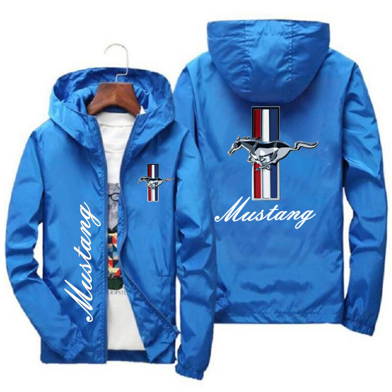 Spring and Autumn Ford Mustang Car Logo Print Hooded Jacket Fashion Charge Jacket Windbreaker Men's Casual Outdoor Clothing